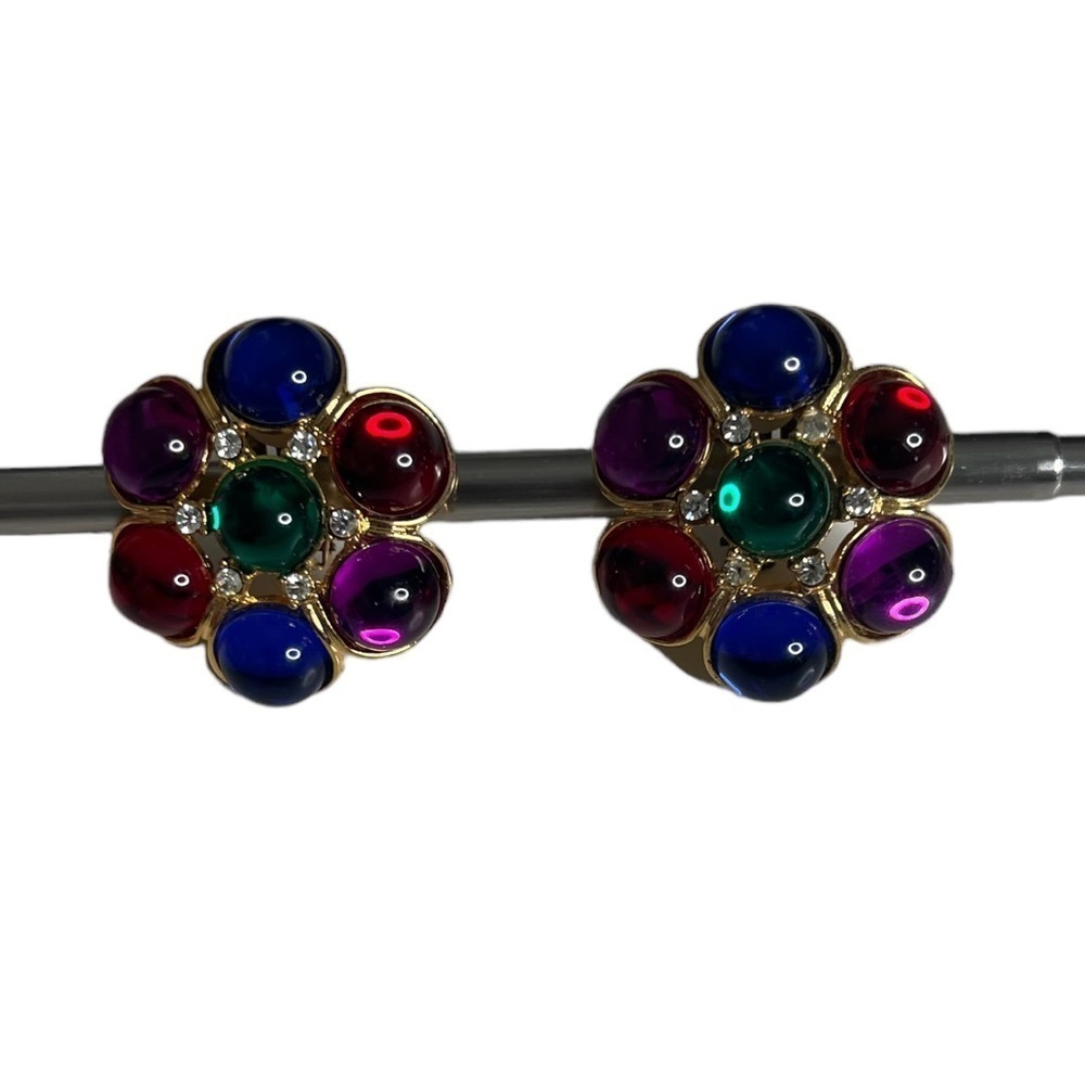 Vintage Oversized Gold Tone Body With Six Color Stones Earrings - Picture 1 of 7